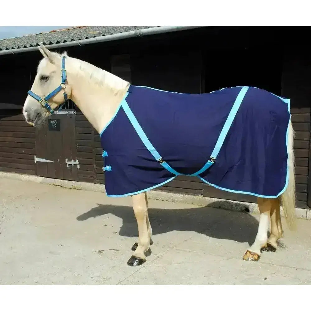 Navy blue rhinegold summer sheet cotton rug with light blue trim and adjustable straps for summer use