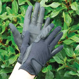 Black rhinegold super stretch mesh back riding gloves with reinforced finger tips and synthetic fabric