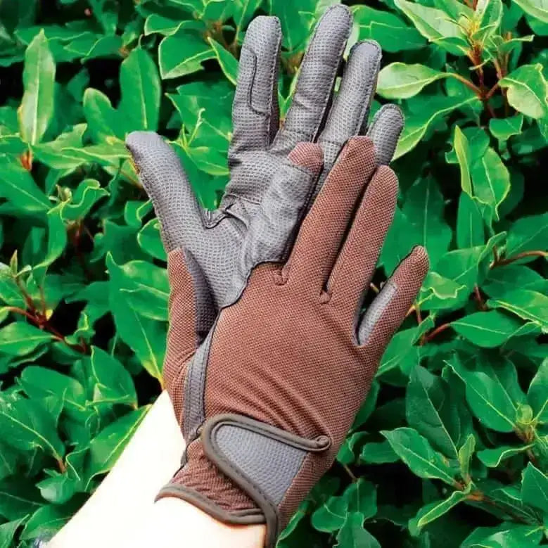 Brown and gray rhinegold super stretch riding gloves with textured fabric palms and reinforced stitching