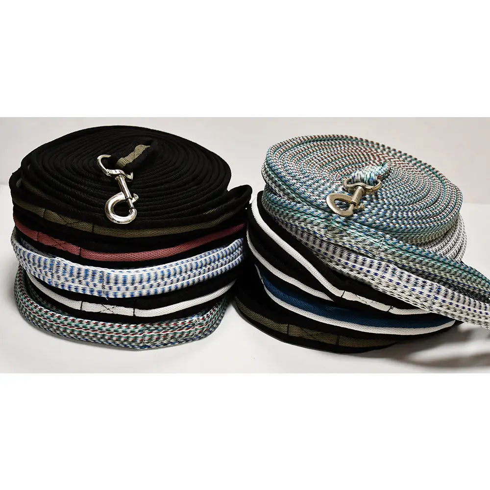 Coiled rhinegold supersoft padded lunge rein in assorted colors with sturdy woven fabric and metallic d-rings quality lunge rein