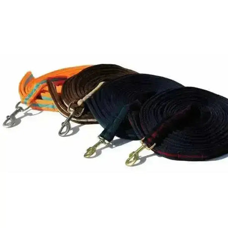 Coiled rhinegold supersoft padded lunge rein in orange brown and navy blue with metallic hardware quality lunge rein