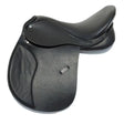 Black leather english saddle with smooth glossy seat and textured panels rhinegold sussex changeable gullet