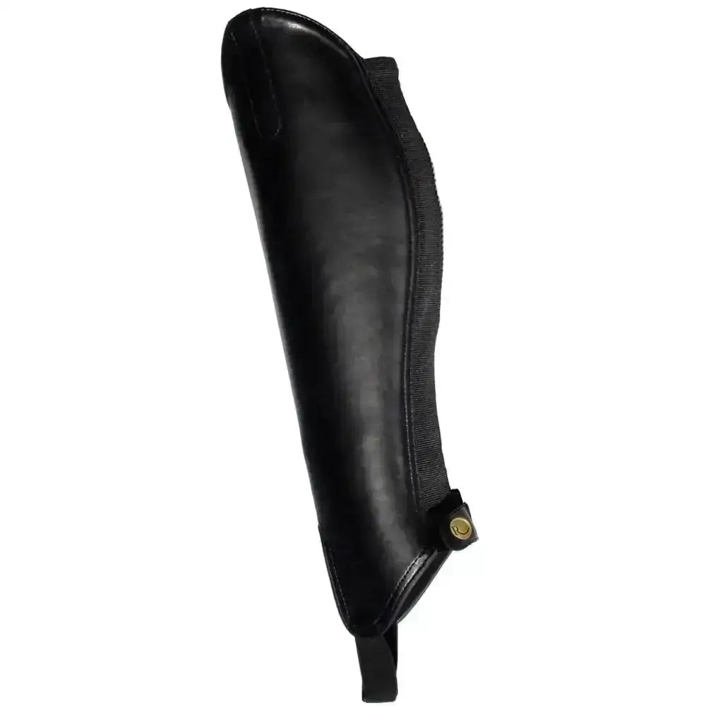 Black leather rhinegold synthetic gaiters with textured side panel and brass buckle padded synthetic gaiter design