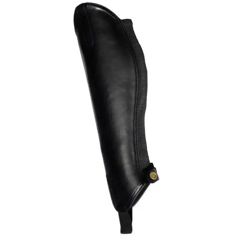 Black leather rhinegold synthetic gaiters with textured side panel and brass buckle padded synthetic gaiter design