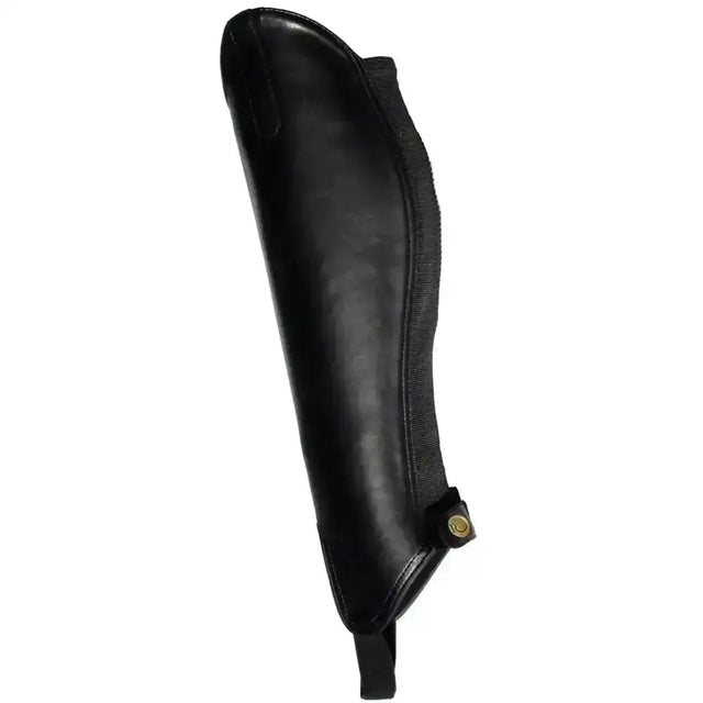 Black leather rhinegold synthetic gaiters with textured side panel and brass buckle padded synthetic gaiter design