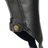 Black leather rhinegold synthetic gaiters with gold-tone r logo button and zipper closure padded synthetic gaiter
