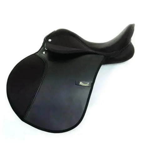 Black rennegade dressage saddle with smooth leather and stitched seams featuring synthetic girth straps and rubber buckle guards