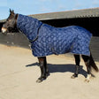 Blue quilted rhinegold texas diamond 300g stable rug with white trim and metal buckles for horses