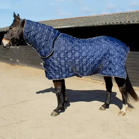 Blue quilted rhinegold texas diamond 300g stable rug with white trim and metal buckles for horses