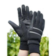 Back of black Rhinegold thinsulate lined winter riding gloves with reinforced stitching and reflective gray wrist stripes