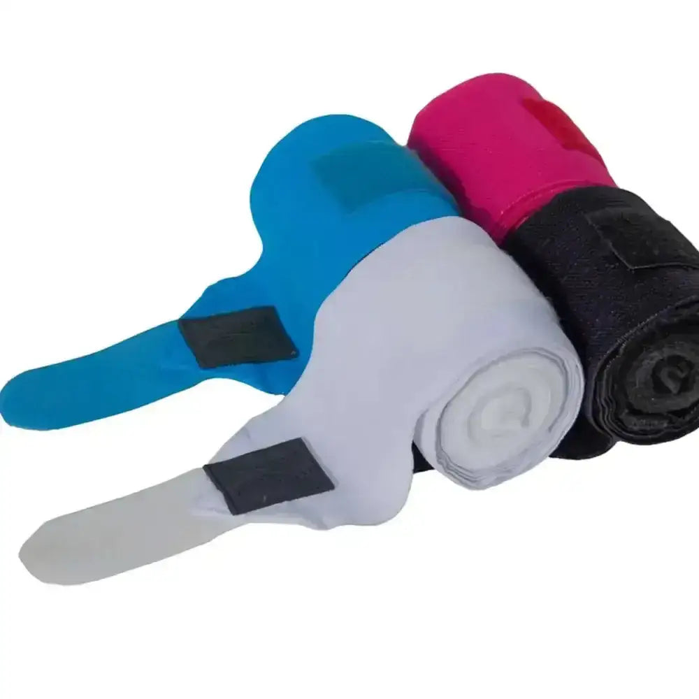 A set of colorful soft fabric rhinegold training bandages in blue white pink and black for horse leg support