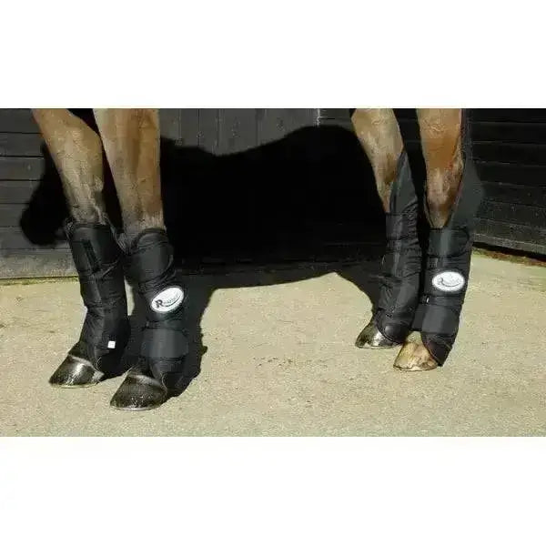 Black rhinegold travel boots ripstop full length with white logos designed for horse leg protection and travel use