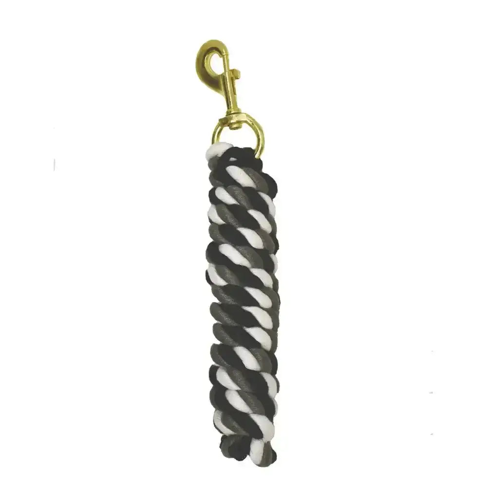 Black and white braided rhinegold twin rope keychain with brass trigger clip and gold toned metal clasp