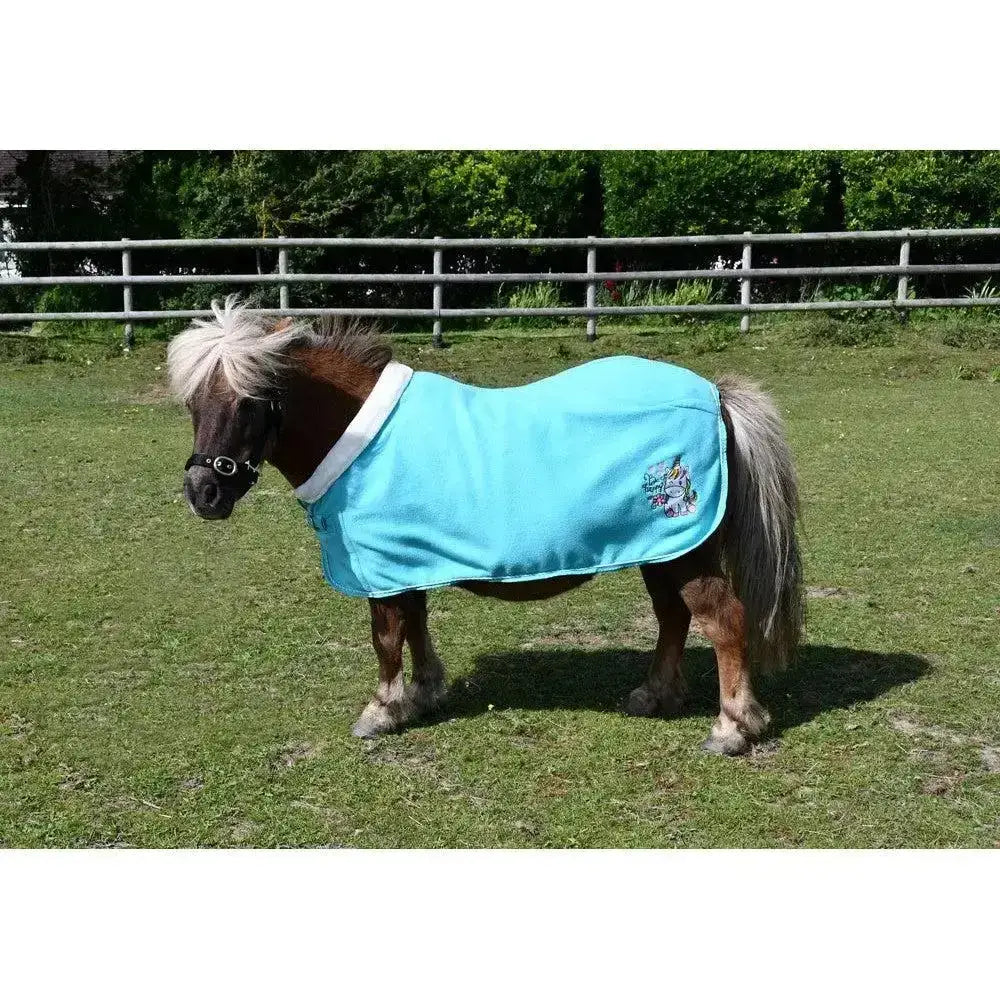 Light blue rhinegold unicorn embroidered fleece rug with white trim and small logo on the side for horses
