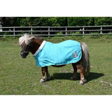 Light blue rhinegold unicorn embroidered fleece rug with white trim and small logo on the side for horses