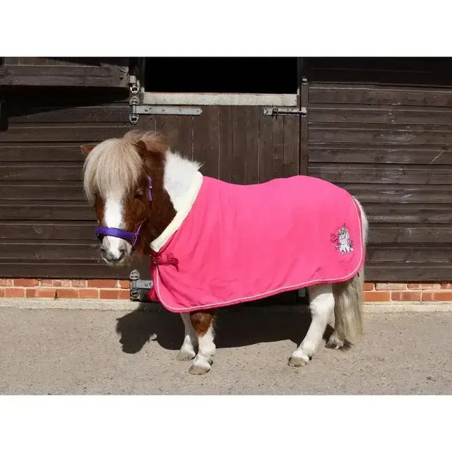 A small pony wearing a vibrant pink rhinegold unicorn embroidered fleece rug with a white fleece-lined collar