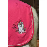 Bright pink rhinegold unicorn embroidered fleece rug with cute unicorn and be happy phrase on soft fleece blanket