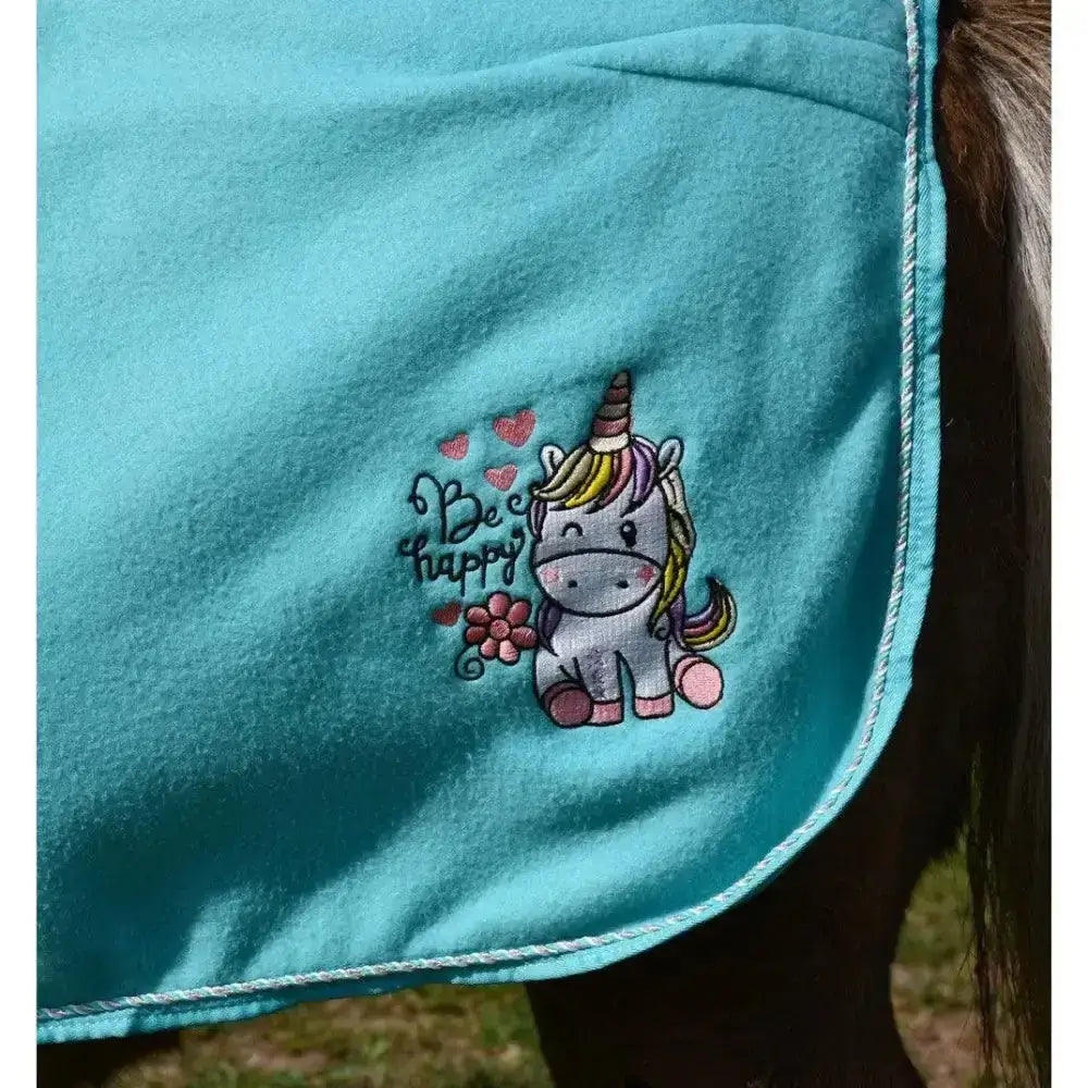 Turquoise rhinegold unicorn embroidered fleece rug with cartoon unicorn rainbow mane and be happy hearts design