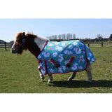 A vibrant blue rhinegold unicorn mini torrent outdoor rug with white unicorns rainbows clouds pink trim and red buckles