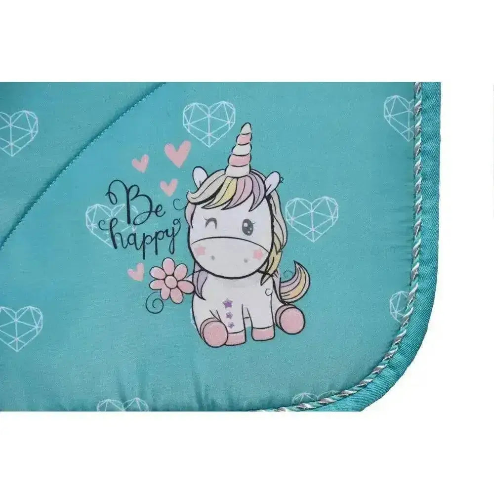 Teal quilted rhinegold unicorn saddle pad with cute unicorn holding flower hearts and be happy design