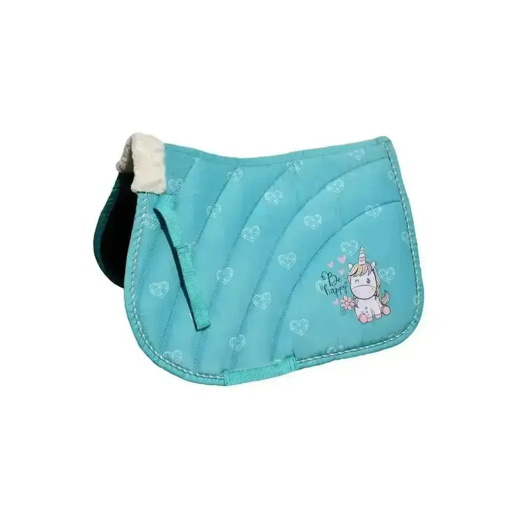 Turquoise rhinegold unicorn saddle pad with quilted design cute unicorn and be happy print soft fleece edge