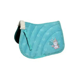 Turquoise rhinegold unicorn saddle pad with quilted design cute unicorn and be happy print soft fleece edge