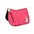 Pink quilted rhinegold unicorn saddle pad with white unicorn hearts design and plush fleece lining for comfy rides