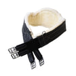 Black leather rhinegold vegan friendly fleece lined girth with cream fleece and silver metal buckles anatomically shaped padded
