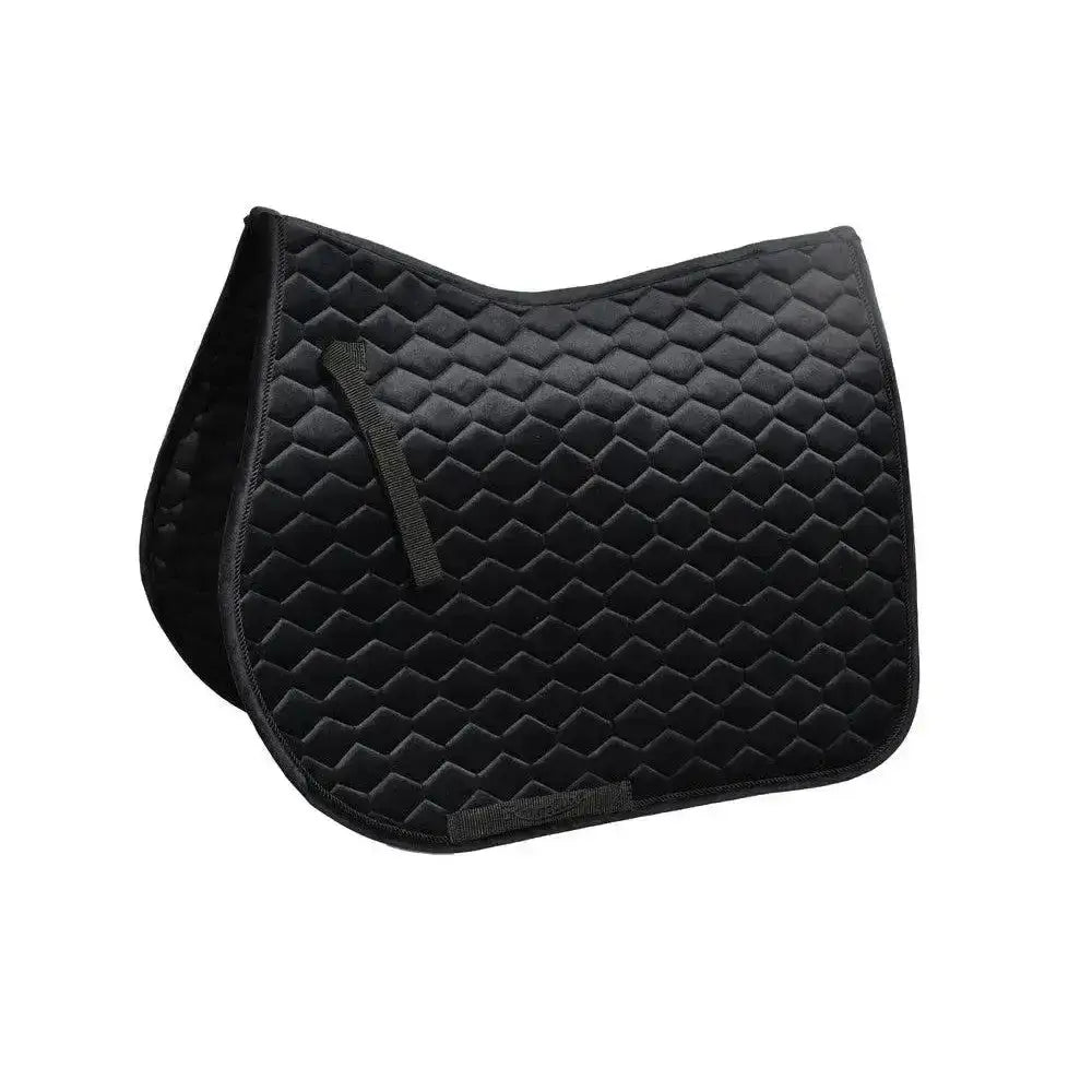 Black quilted rhinegold velvet hexagon gp saddle pad with diamond pattern and elasticated girth placement straps