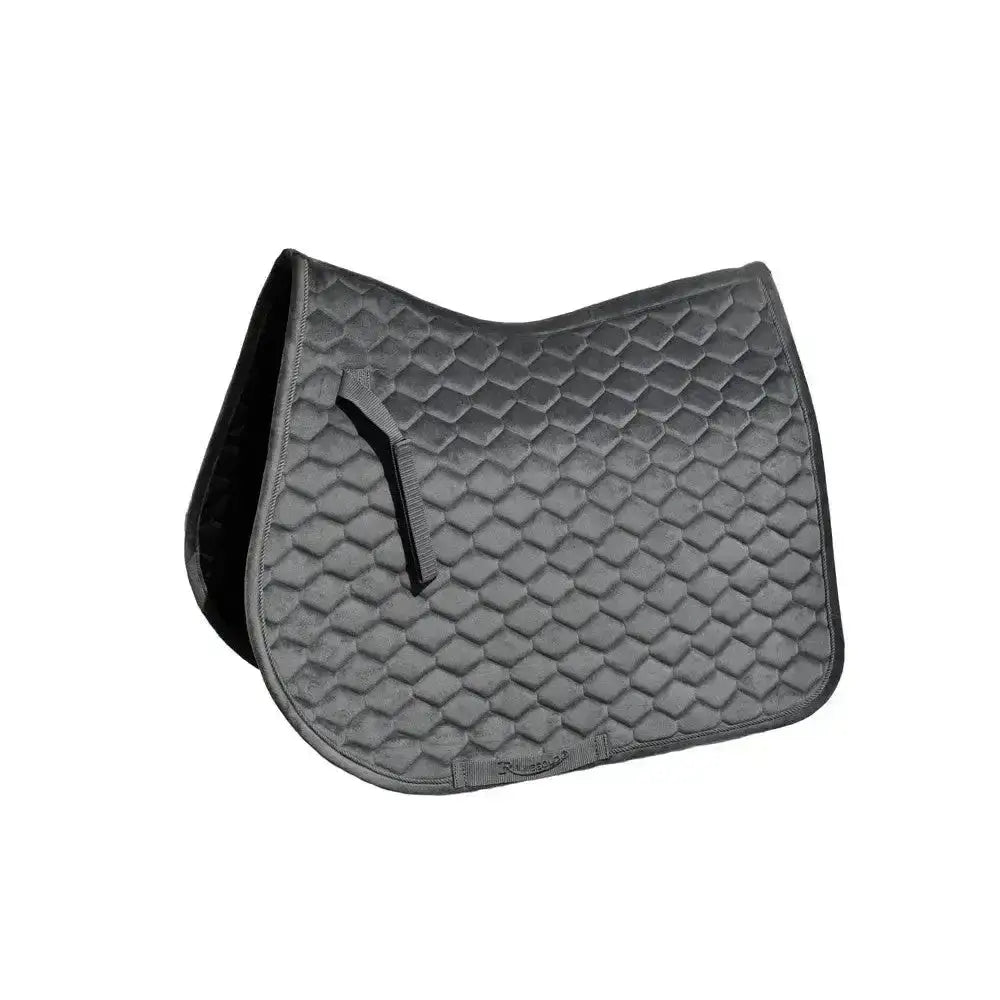 Gray quilted rhinegold velvet hexagon gp saddle pad with honeycomb pattern black trim and girth placement straps