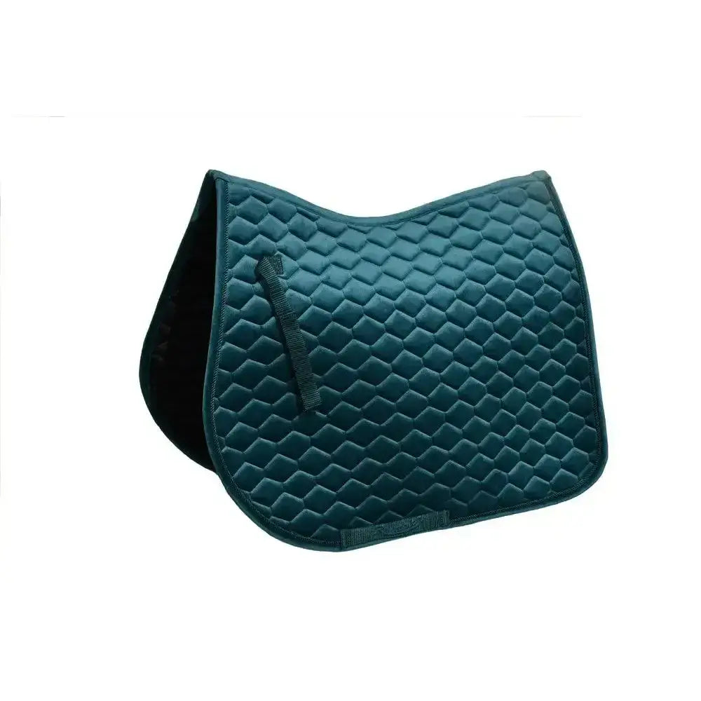 Teal quilted rhinegold velvet hexagon gp saddle pad with diamond pattern black trim and girth placement straps