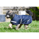 Navy blue rhinegold waterproof dog coat with reflective silver stripes and touch tape for safety and durability