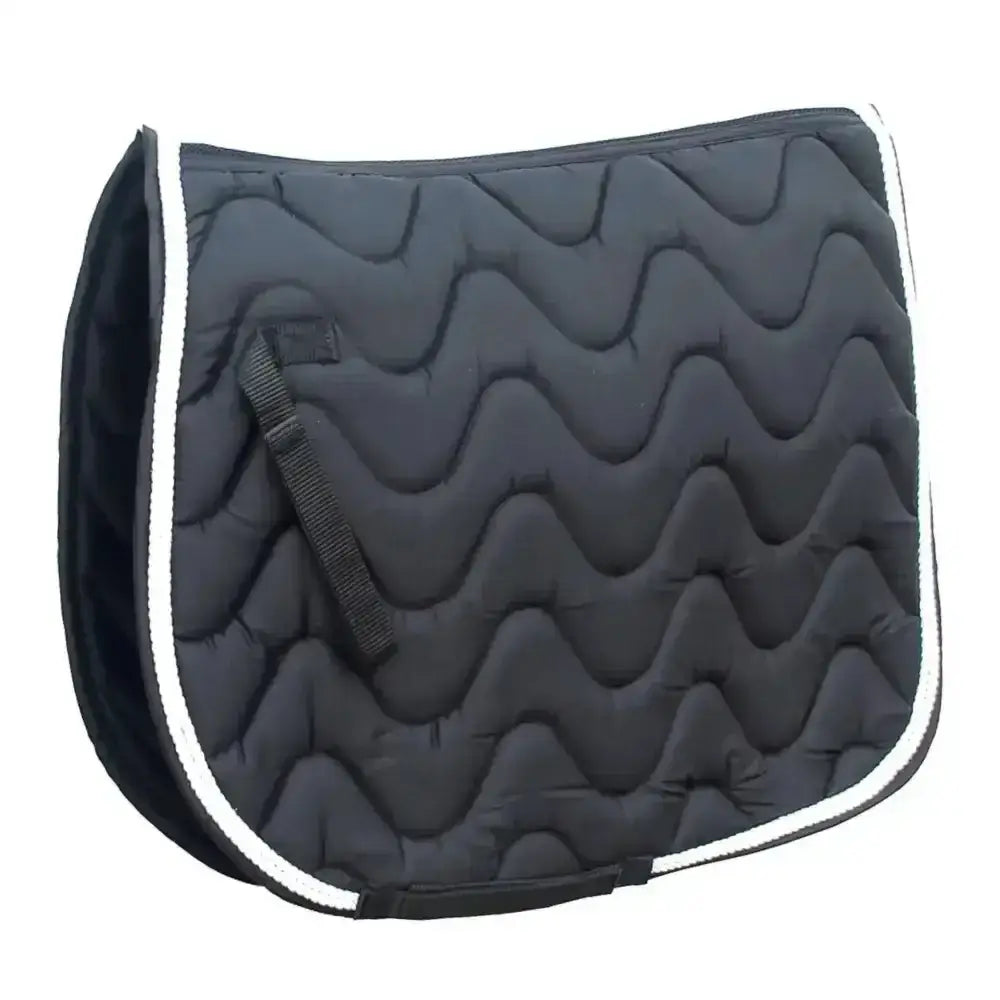 Black quilted rhinegold wave saddle pad with white piping and wickable waffle fabric for comfy rides