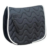 Black quilted rhinegold wave saddle pad with white piping and wickable waffle fabric for comfy rides