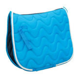 Bright blue rhinegold wave saddle quilted pad with white trim and black inner lining made of wickable waffle fabric