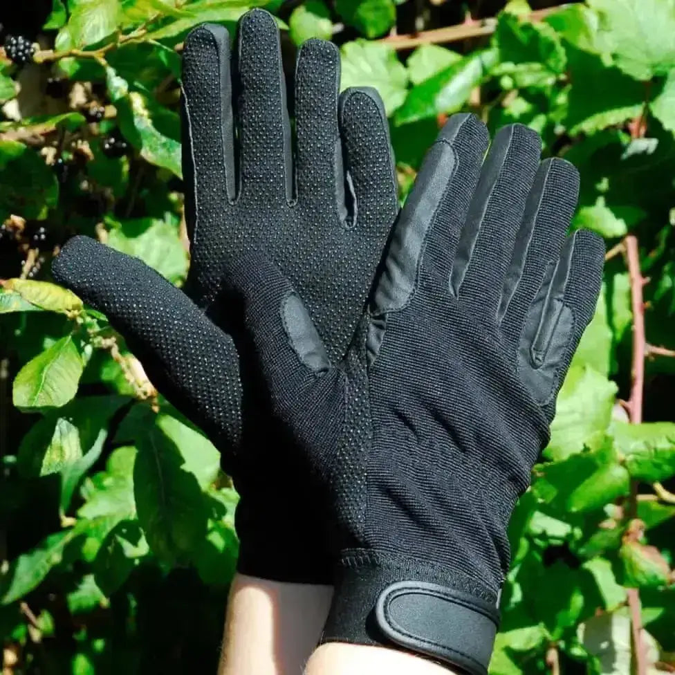 Black rhinegold winter cotton pimple grip riding gloves with reinforced palm patches and textured touch tape fingertips