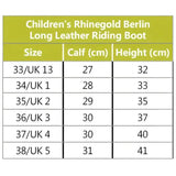 Children’s rhinegold young rider berlin long leather riding boots size chart showing uk measurements for various sizes