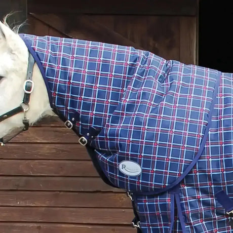 Blue and red plaid rhinegold zeus neck larger design neck cover with black buckles for horse warmth and protection