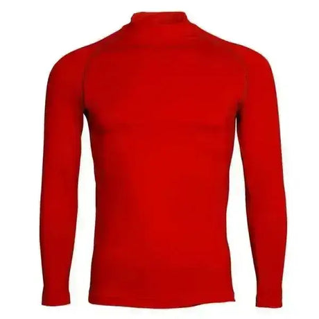 A vibrant red rhino base layer long-sleeved turtleneck top with smooth knit fabric for layer cross country use