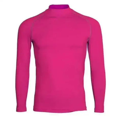 A vibrant fuchsia rhino base layer long sleeve high neck shirt with subtle seam detailing for cross country colours junior