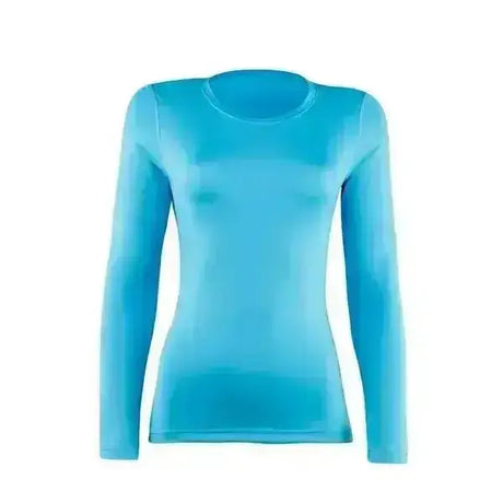 A sleek bright blue rhino base layer cross country colours ladies long-sleeved fitted athletic top with round neckline