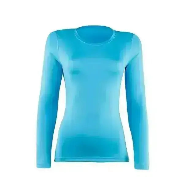 A sleek bright blue rhino base layer cross country colours ladies long-sleeved fitted athletic top with round neckline