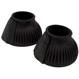 Black rubber ribbed bell boots with touch tape padded strap design for over reach protection on horse hooves