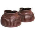 Brown ribbed bell boots made of plastic with touch tape fasteners for over reach protection on horse hooves