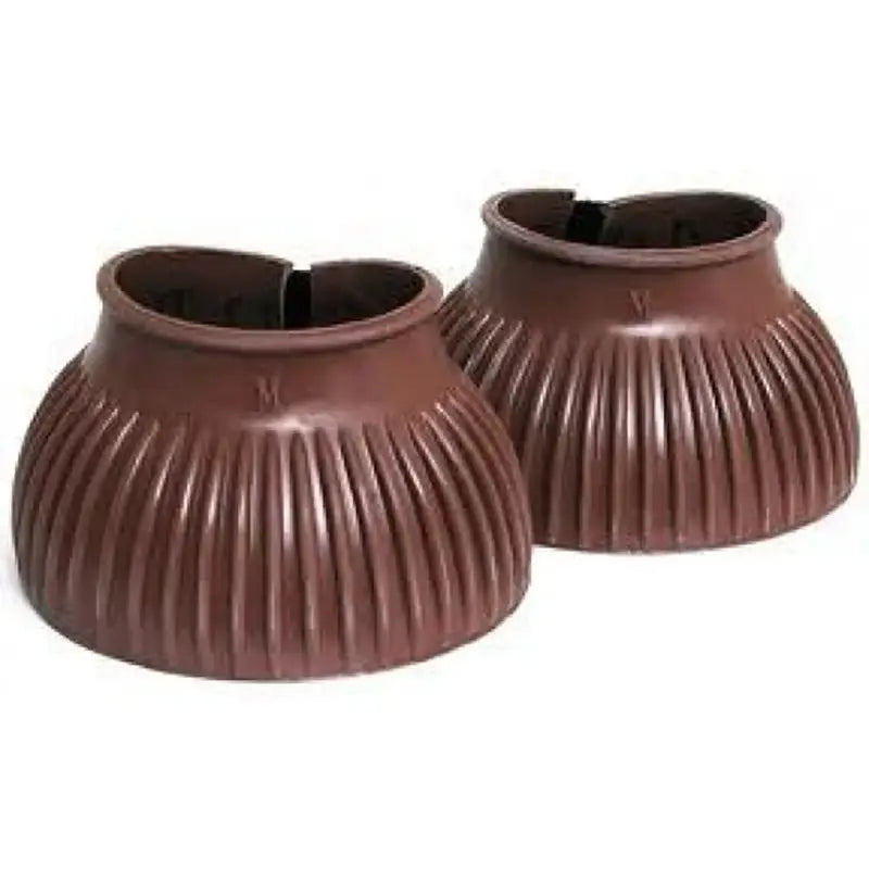 Brown ribbed bell boots made of plastic with touch tape fasteners for over reach protection on horse hooves
