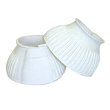 White plastic ribbed bell boots with touch tape for secure fit designed as over reach boots for horse hooves