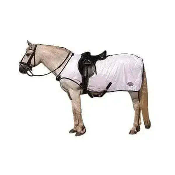 White horse blanket with black straps and saddle on top made of soft mesh material from ride-on fly rugs by rhinegold