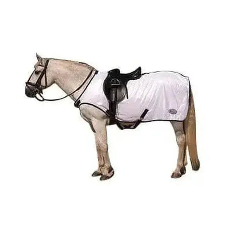 White horse blanket with black straps and saddle on top made of soft mesh material from ride-on fly rugs by rhinegold