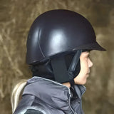 Black glossy riding hat ear with padded interior and adjustable straps for hat ear warmers and ear muffs use