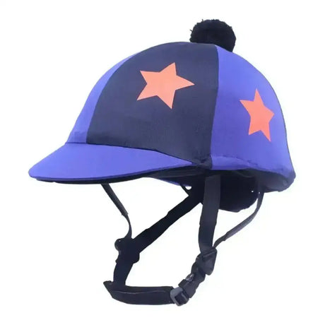 Navy and royal blue riding hat silks with tangerine stars lycra and a black pom-pom riding helmet cover